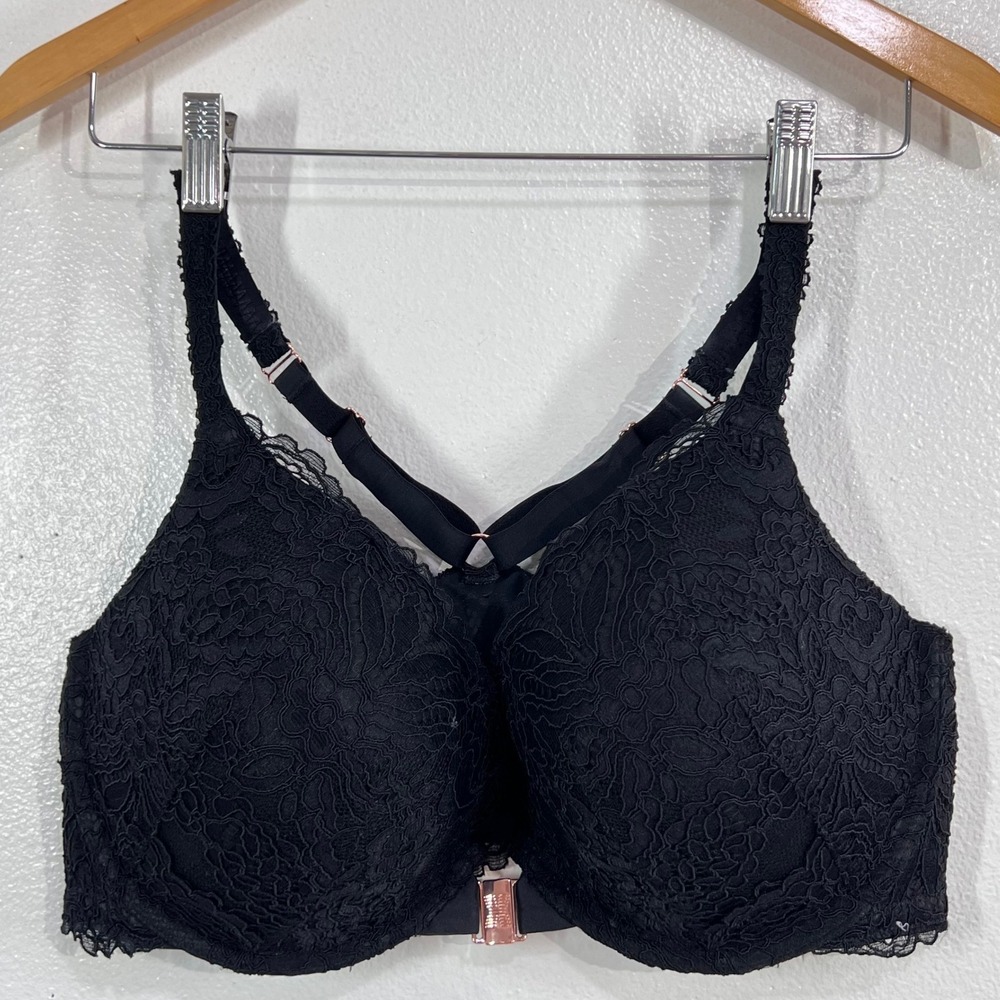 Savage X Fenty Bra Womens 38D Black Floral Lace Front Close Racerback Rose Gold